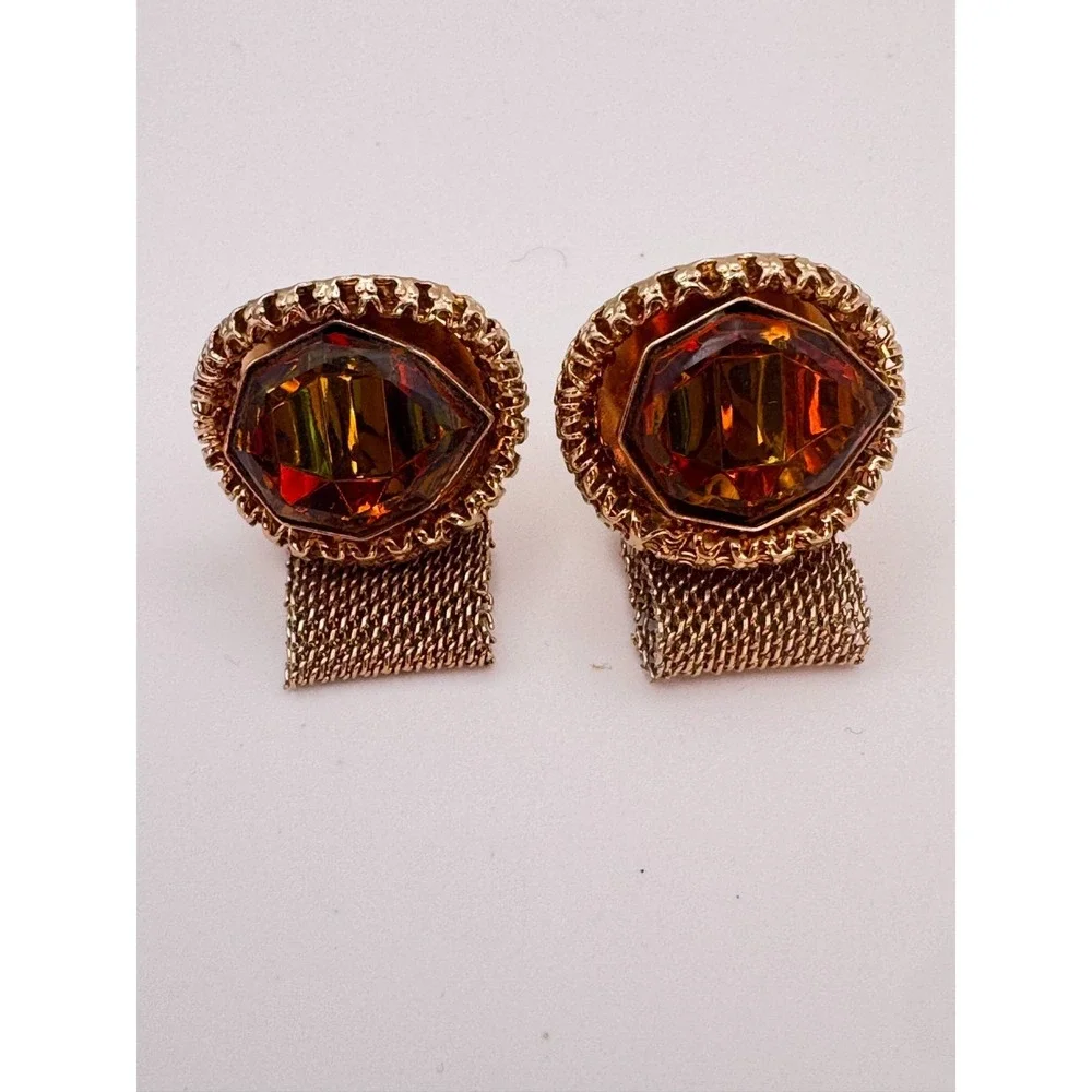 Vintage Mesh Cufflinks Orange and Green Faceted Shield MCM Gold Tone Wrap